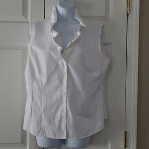 Kasper white sleeveless ruffle collar button down blouse Sz 14